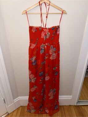 American Eagle Outfitters Red Floral Smocked Halter Maxi Dress